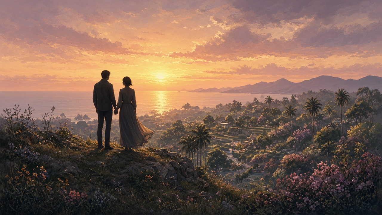 Silhouettes of Adam and Eve at sunset