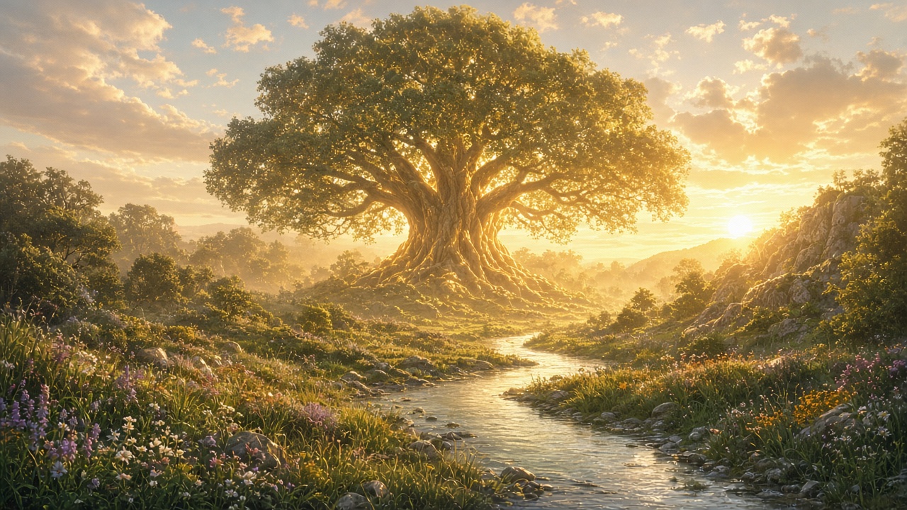 Golden-hour Eden with the Tree of Life